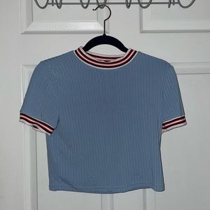 Shein cropped blue top with red, pink, and white stripped color. Size medium